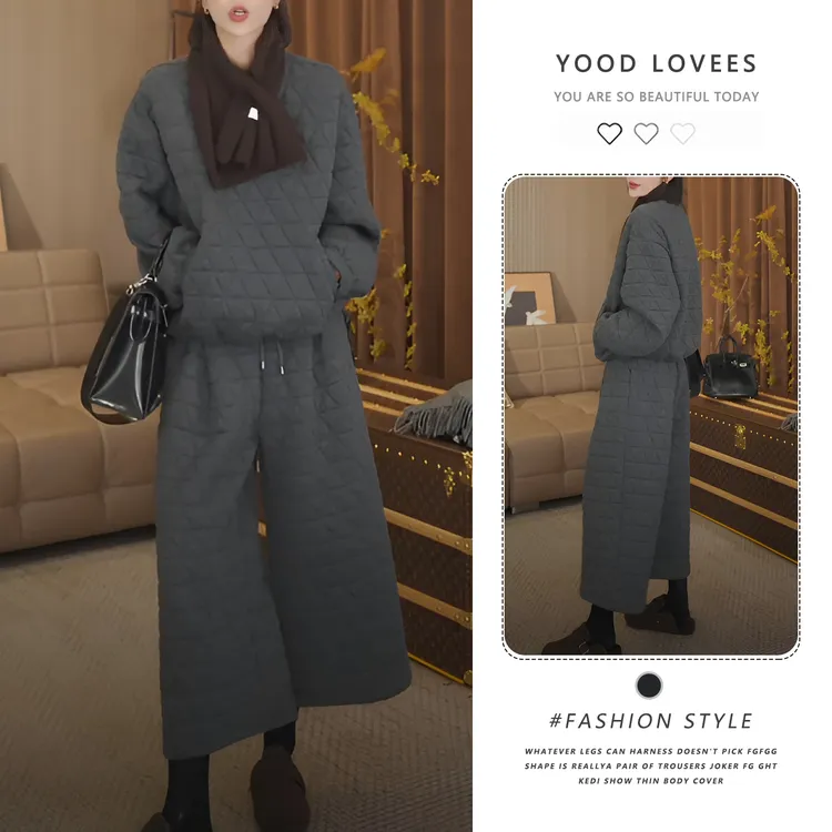 2025冬季新款时尚气质简约菱格夹棉上衣女高腰显瘦厚款九分裤套装