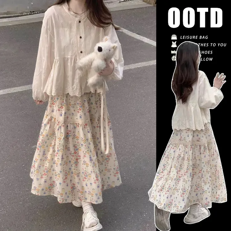 时髦孕妇装春装新款白色小花衬衫小众法式碎花显瘦公主时尚半身裙