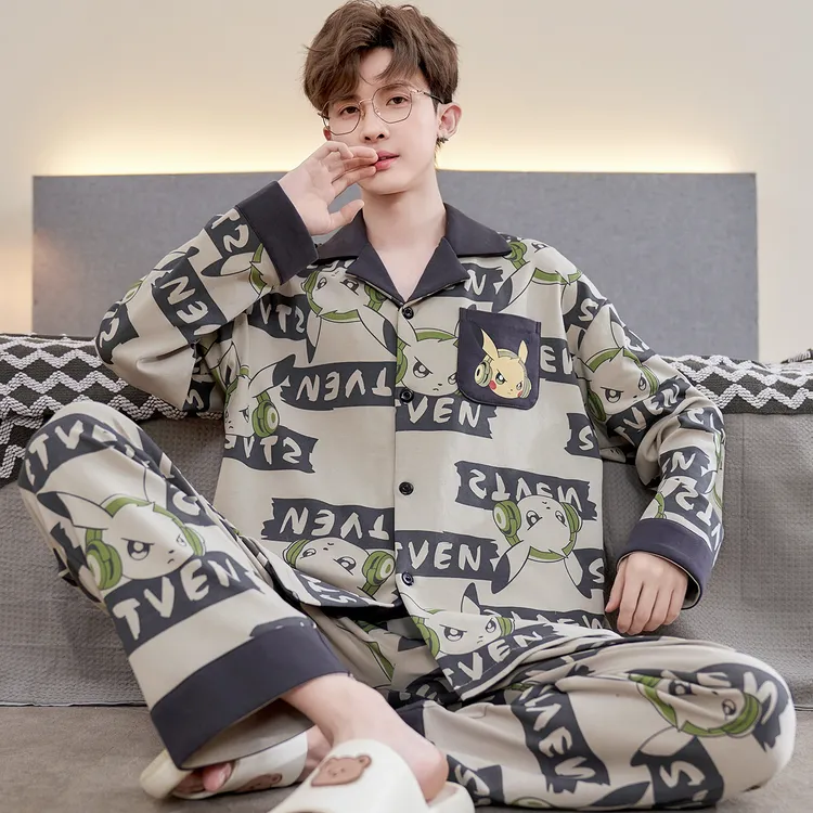 男士睡衣春秋季长袖纯棉时尚开衫套装冬天加大码青少年家居服薄款