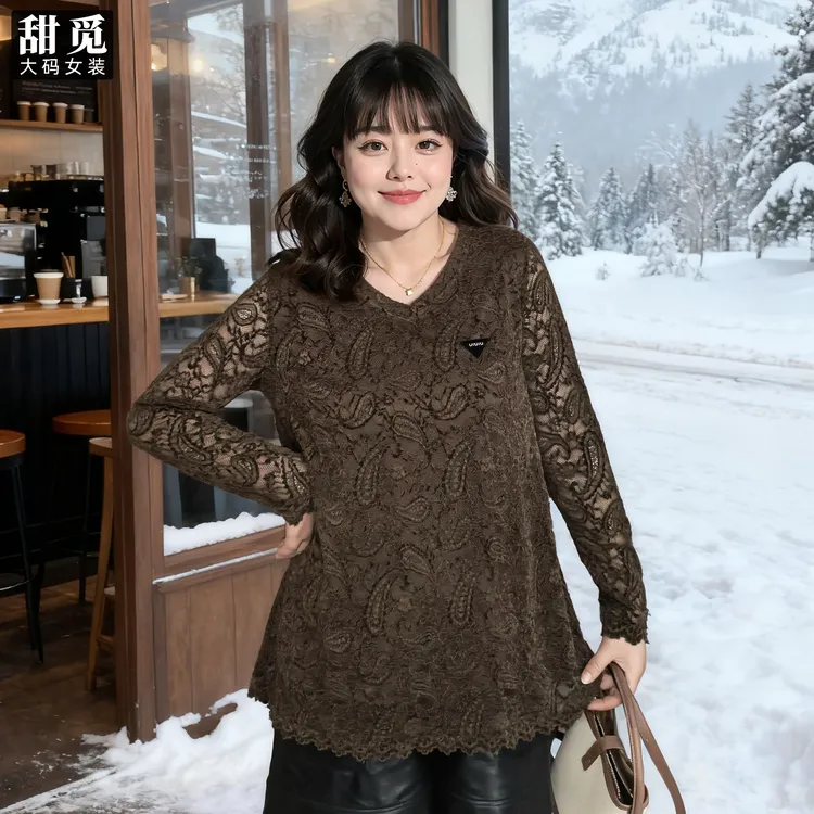甜觅特大码女装春秋装胖mm300斤淑女气质宽松A版中长款V领蕾丝衫