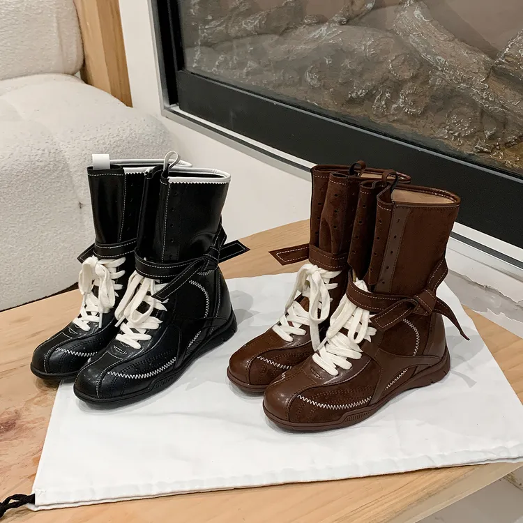 拳击靴6cm内增高复古马丁靴女2025秋季新款西部靴拼色系带拳击鞋