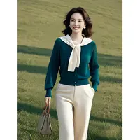 墨绿色系带小披肩长袖针织开衫女夏季新款韩版设计感气质裙子套装
