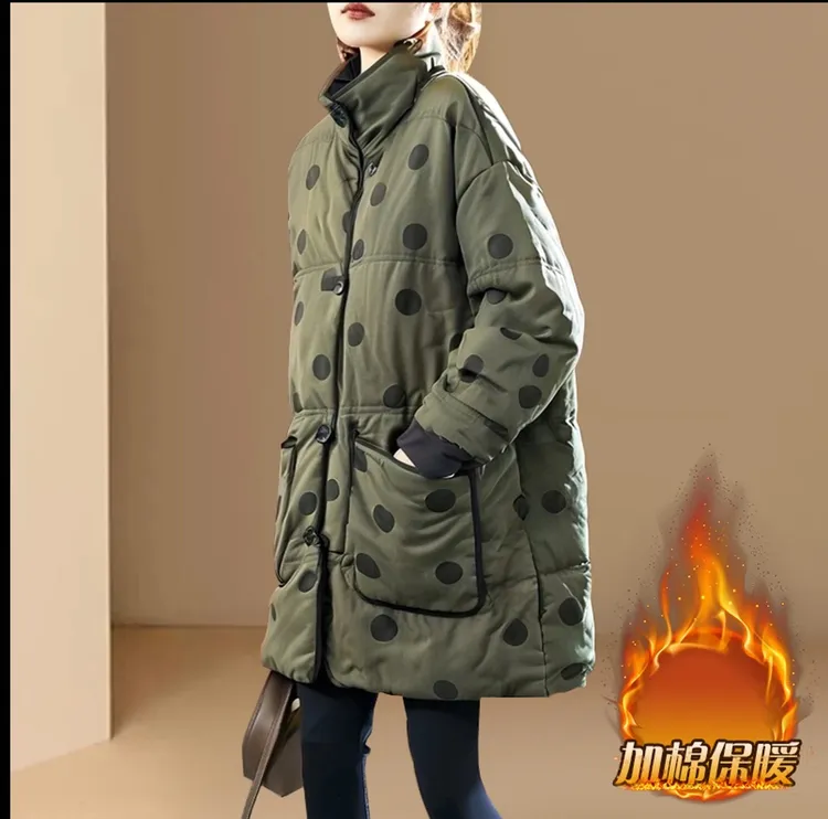 复古波点拼接减龄中长款女士棉服2025秋冬新款百搭双面穿棉服大衣