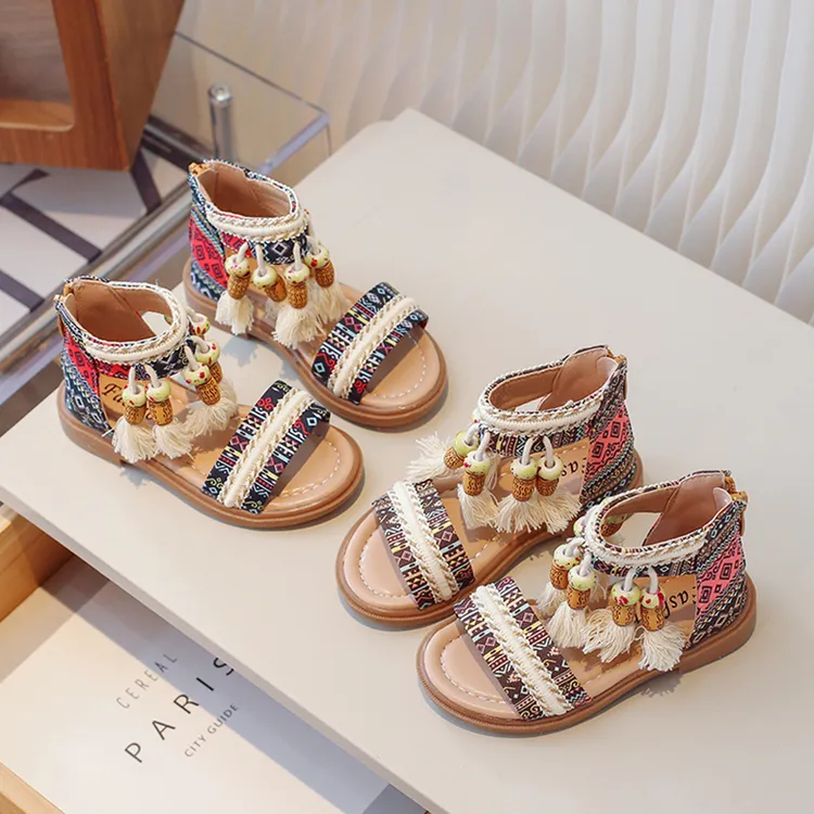 ABC女童夏季罗马凉鞋2025新款儿童民族风刺绣凉鞋波西米亚沙滩鞋