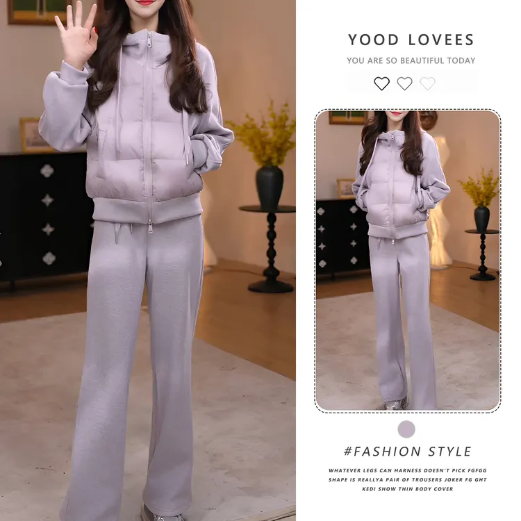 时尚套装女2025冬季新款加绒拼接棉服连帽卫衣上衣休闲长裤两件套
