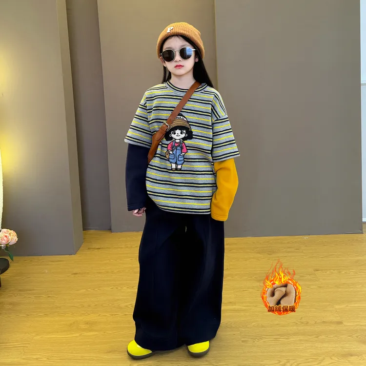 女童秋冬加绒套装2025新款洋气儿童休闲条纹卫衣阔腿裤两件套潮酷