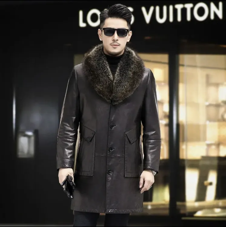【宝佳龙】男士进口绵羊皮中长款秋冬款皮衣高档时尚休闲商务风衣款