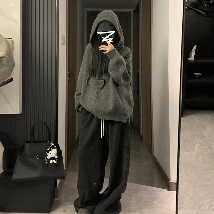 春装韩系连帽灰色拉链毛衣女2025新款内搭慵懒感开衫卫衣外套