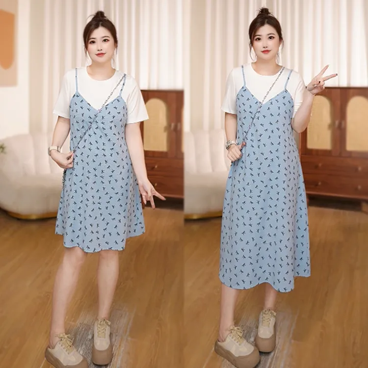 《哆啦》大码女装雪纺碎花假俩件收腰显瘦小个子胖mm连衣裙 525260