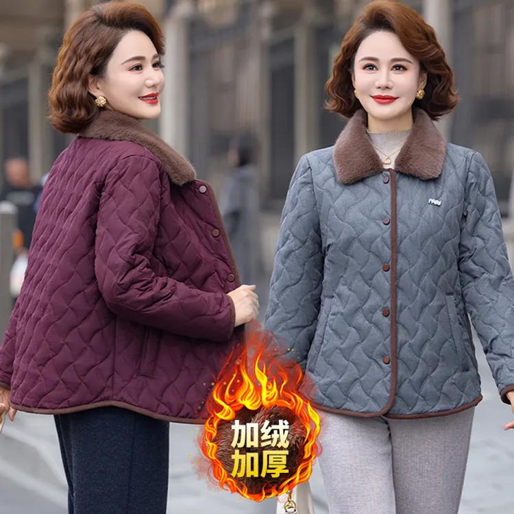 妈妈冬装翻领加绒加厚棉衣外套中老年女装大码洋气保暖显瘦棉袄