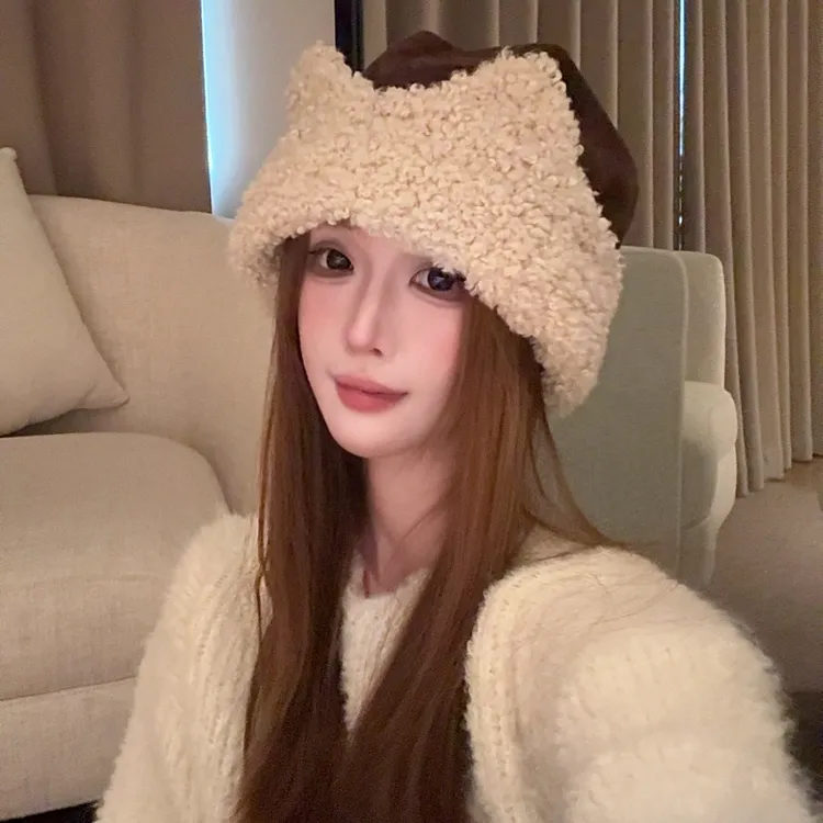 可爱猫耳朵包头帽女秋冬季显脸小加绒加厚保暖防寒毛绒帽护耳帽子