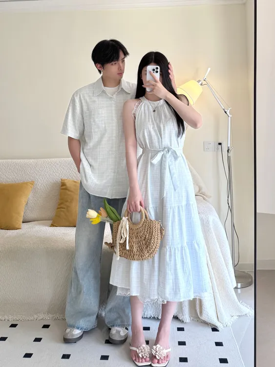 情侣装夏季挂脖式ins风挂脖气质无袖时尚甜美宽松连衣裙男短袖T恤