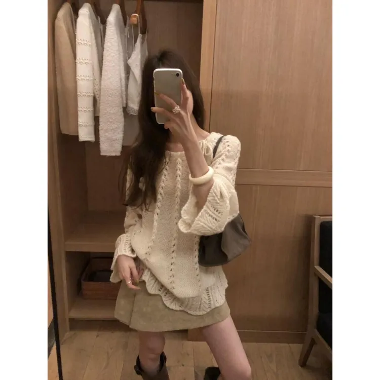 慵懒风时尚套装镂空长袖针织衫毛衣女装秋季2025新款半身裙两件套