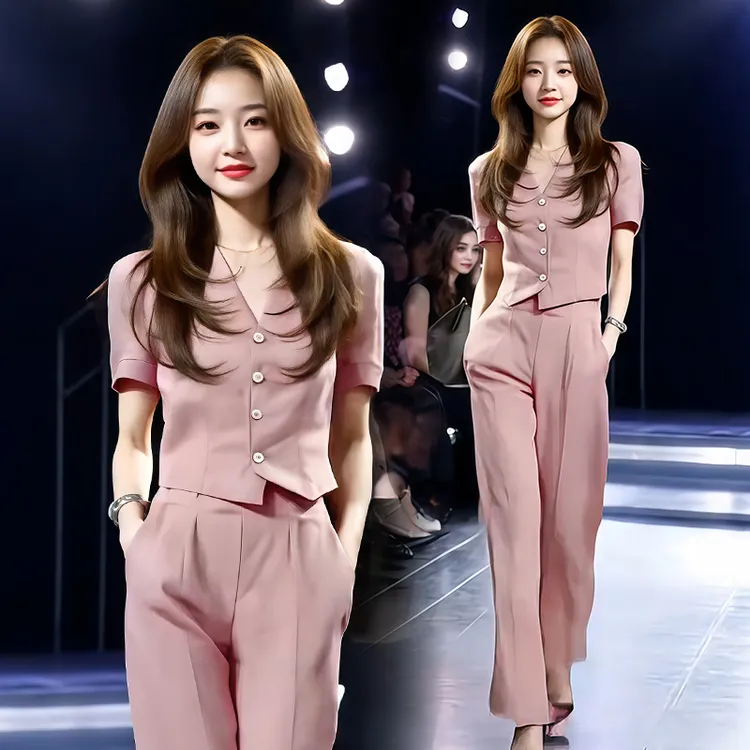 小个子韩版减龄套装女2025年夏季新款单排扣上衣直筒长裤两件套潮