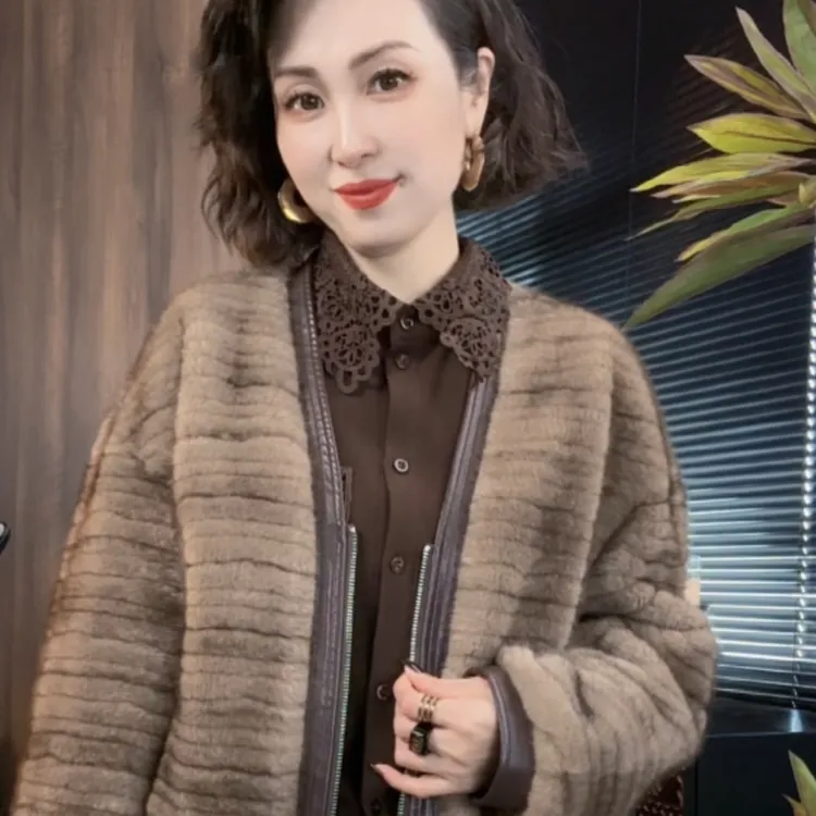 秋冬一体拼皮拉链毛气质时尚毛外套