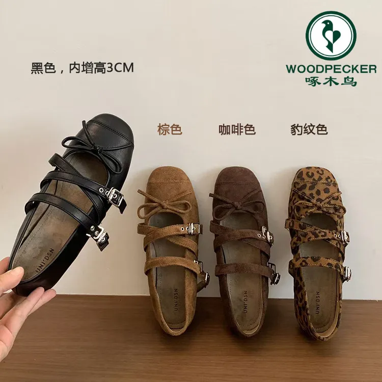 啄木鸟内增高复古圆头单鞋女秋款小众设计法式玛丽珍女鞋芭蕾舞鞋