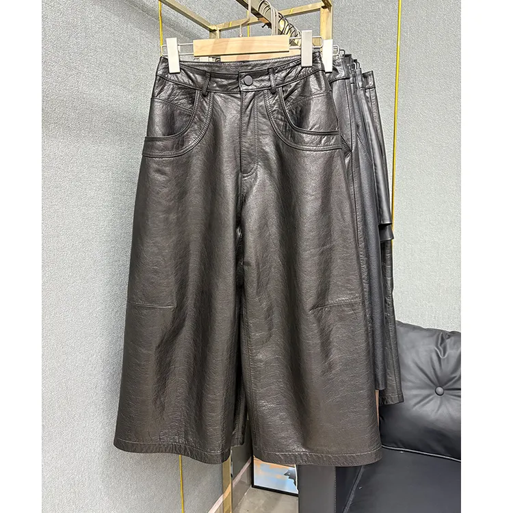 2025新款真皮皮裤女八分裤油蜡小牛皮阔腿裤时尚百搭高端裤子