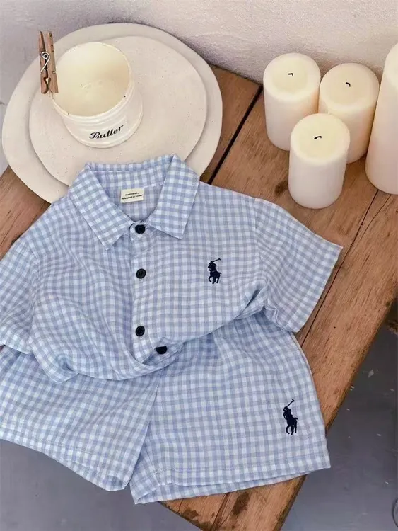 夏季新款儿童衬衫套装短袖短裤蓝色格子刺绣韩版简约男女童两件套