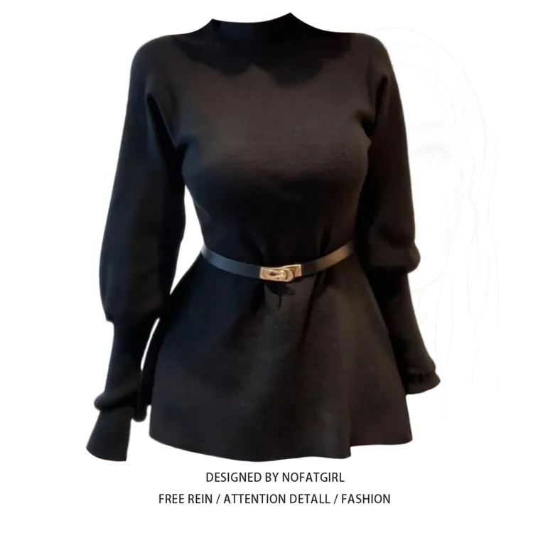 大码胖妹妹法式赫本风灯笼袖长袖加绒T恤女秋冬收腰显瘦打底衫