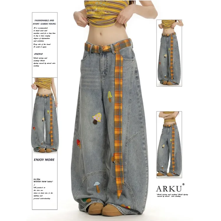 【现货+运费险+送腰带】美式复古卡通刺绣牛仔裤男女宽松阔腿弯刀裤