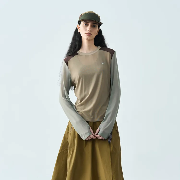 半圆女装[运动]2025春季新款运动网眼长袖T恤女撞色拼接15837374