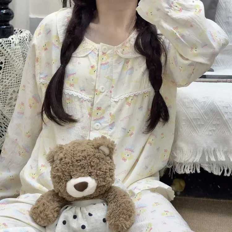 【甜美少女】带胸垫睡衣女季云朵棉长袖长裤套装卡通可爱开衫家居服