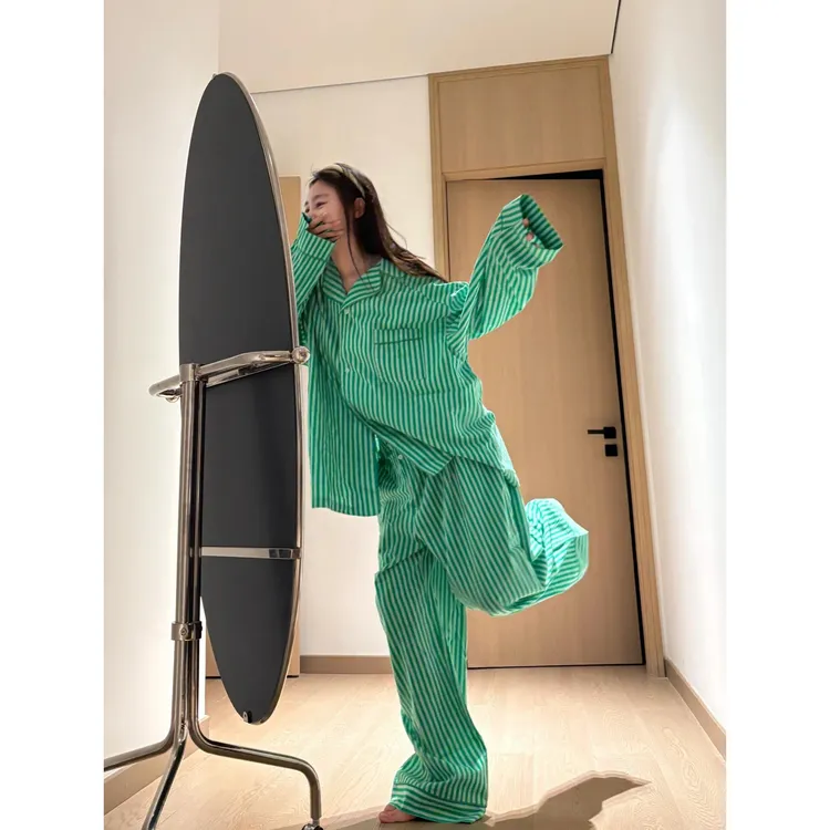 韩系慵懒风清新条纹睡衣女款秋季2025新款长袖长裤家居服套装外穿
