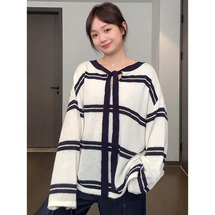 韩系温柔奶呼呼撞色条纹飘带毛衣女早秋款百搭松弛感正反两穿上衣