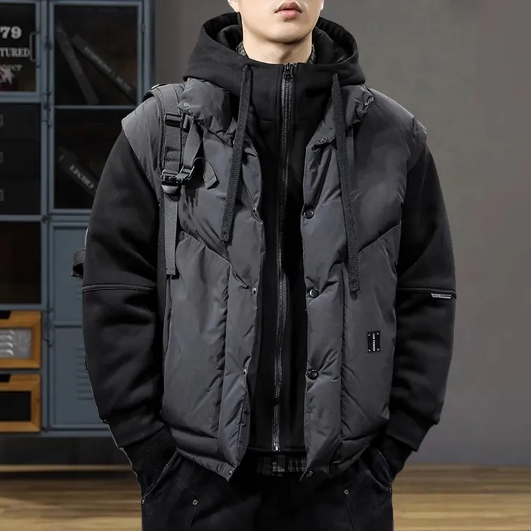 冬季潮牌假两件连帽羽绒服男大码宽松加厚保暖ins拼接80%鸭绒外套