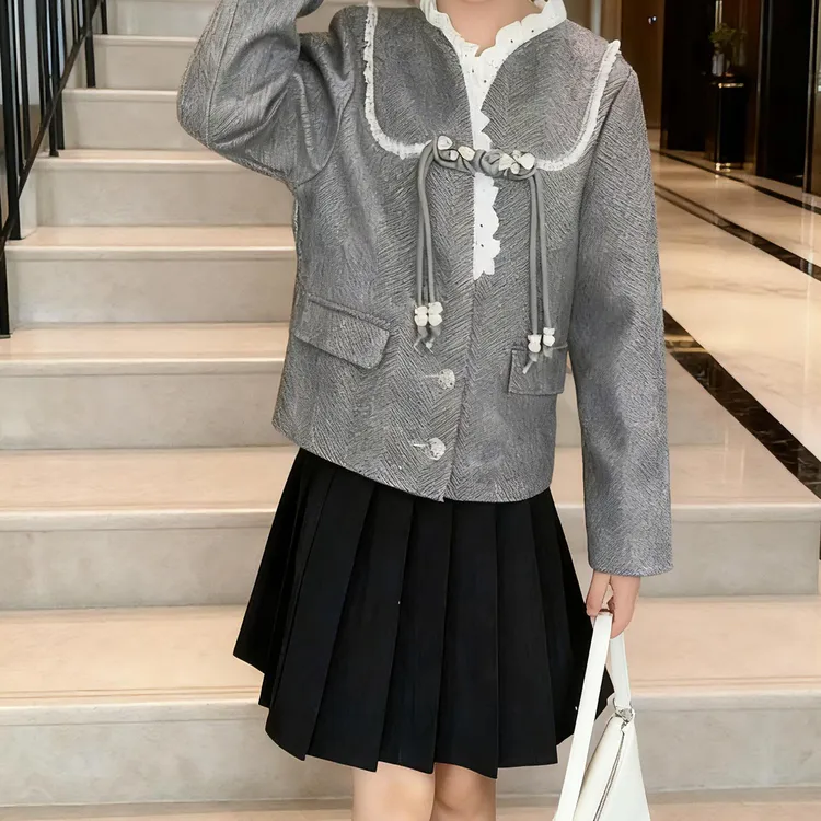 女童高级感春秋款羊毛香风蕾丝套装气质上衣