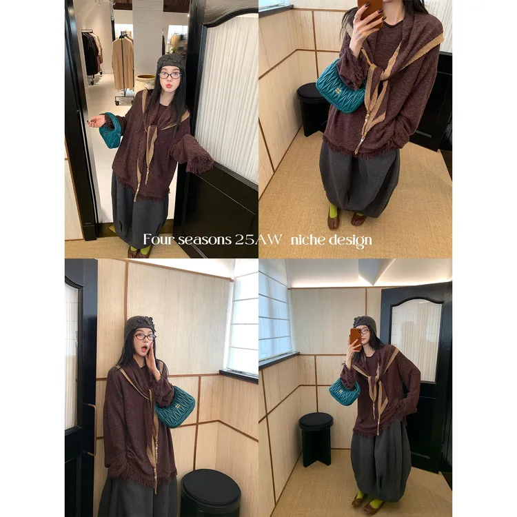 区区欧阳【Boho chic叠叠乐】24支流苏串珠撞色针织衫三角披肩