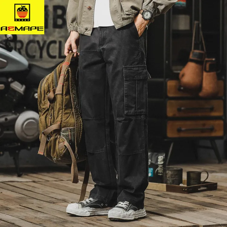 AEMAPE宽松大码多口袋加厚加绒工装裤男士潮牌美式百搭直筒休闲裤