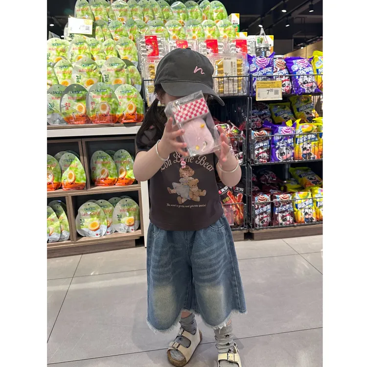 壹妈韩版童装女童夏季套装洋气儿童卡通印花t恤短袖牛仔阔腿裤潮