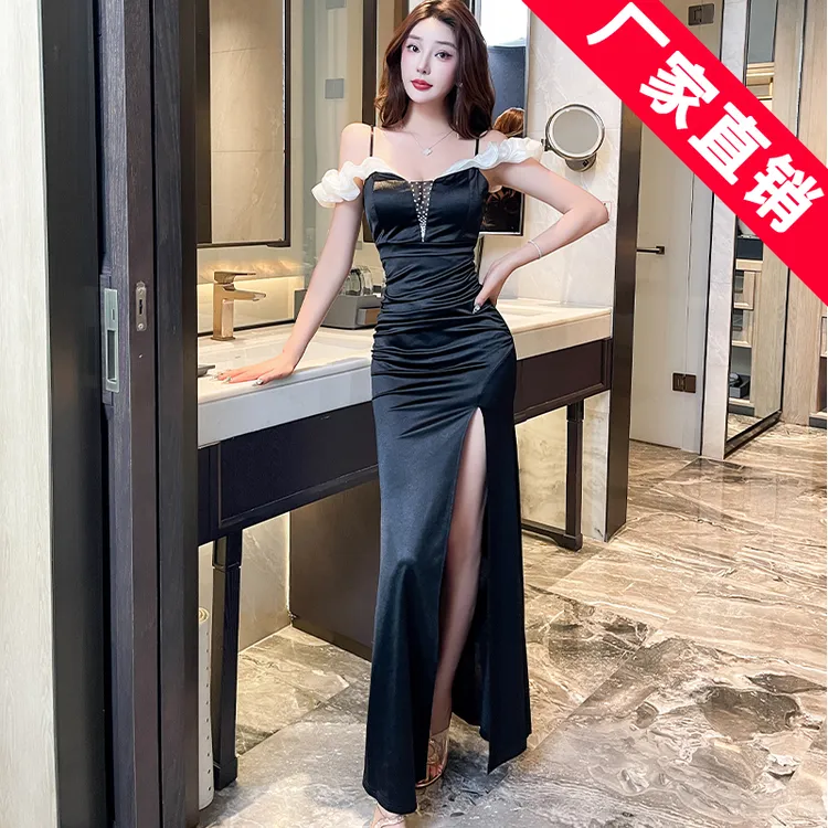 性感风纯色吊带拼接蓝色开叉长裙连衣裙夜场收腰修身包臀黑色显瘦