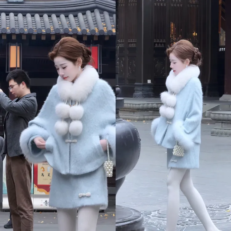 【婷婷】《江山如画》镇店面料定染蓝贵气拉绒国风长短款套装25DK8037