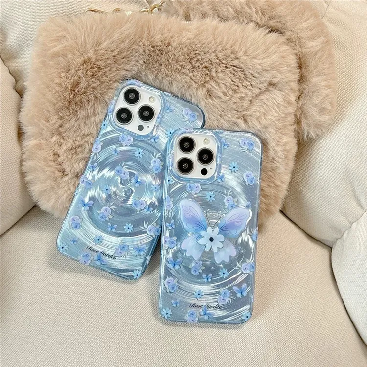 韩风ins蓝色花朵蝴蝶适用苹果16promax手机壳网红女新款防摔高级