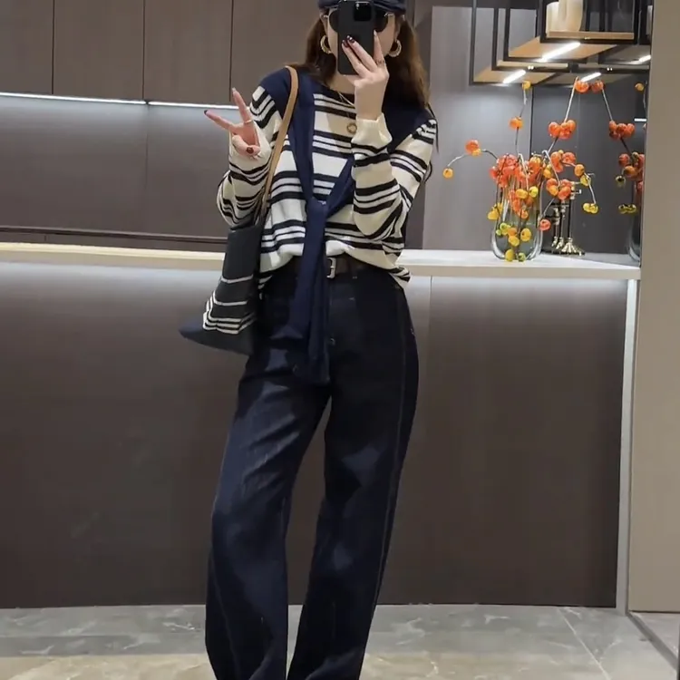 海军领撞色条纹针织衫女2025新款春秋修身显瘦打底衫女内搭上衣女