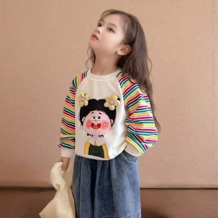新款女童条纹长袖秋衣春秋女孩肩袖打底儿童T恤洋气上衣宝宝衣服