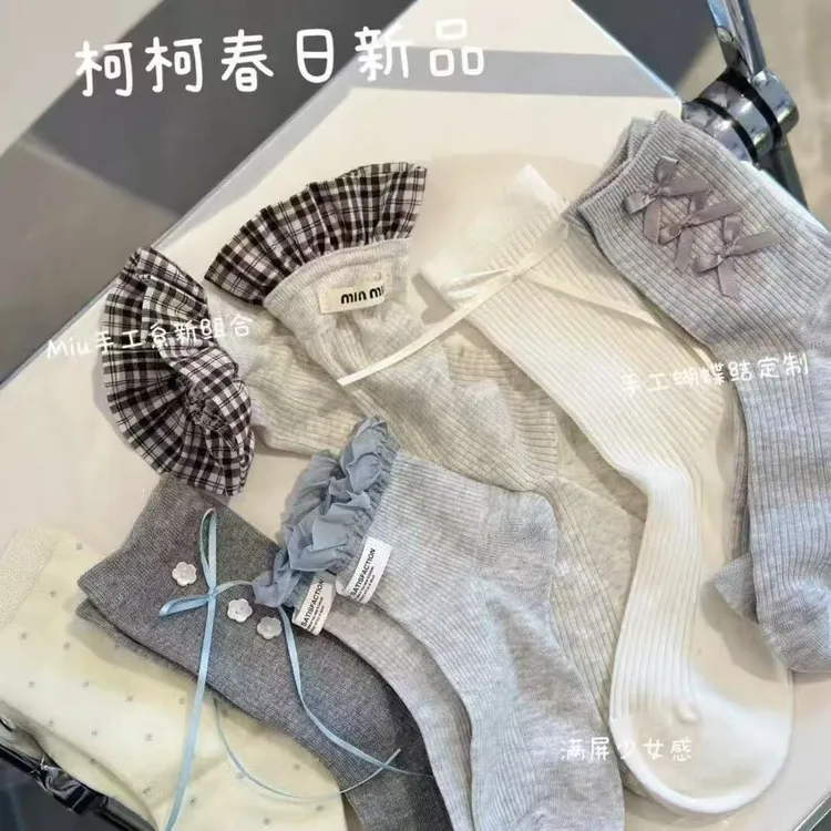 春夏季少女蝴蝶结中筒堆堆长袜网红爆款可爱心蝴蝶结甜美花边袜TL