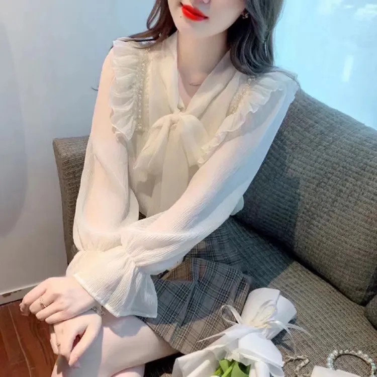 【运费补贴6-8】秋冬季新款长袖法式蝴蝶结系带百搭荷叶边上衣