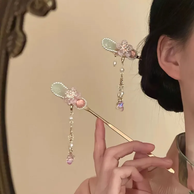 「桃花扇玉露粉棠」新中式粉色桃花流苏发簪盘发簪子汉服旗袍盘发