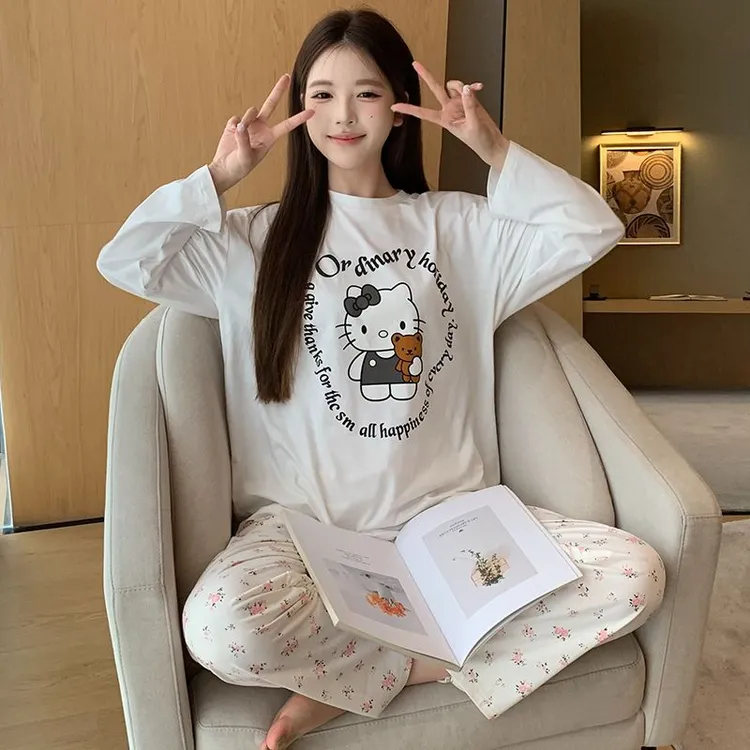 iolloi新款KT猫印花春秋季长袖睡衣女薄款显瘦韩版高级感家居服