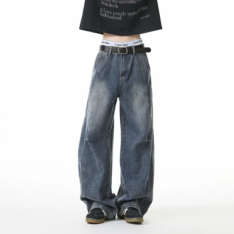 男士美式高街vibe牛仔裤秋季新款美式解构拼接水洗高街直筒阔腿裤