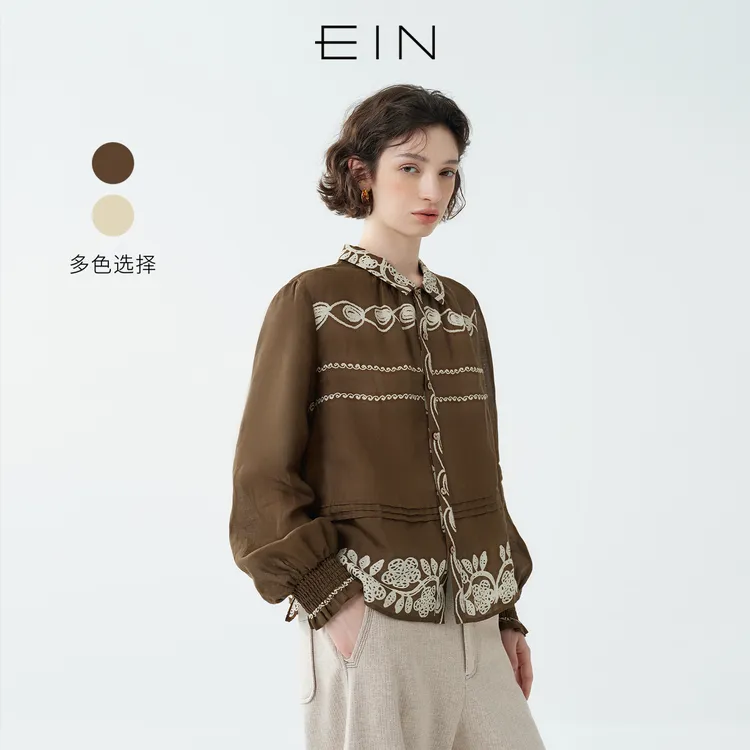 EIN/言波嬉牧野花影苎麻印花长袖衬衫2025早秋新款