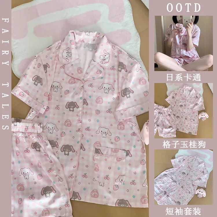 睡衣女夏季新款日系玉桂狗可爱风格子印花宽松学生短袖家居服套装