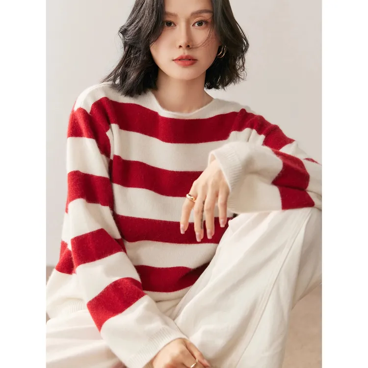 暖意流淌~双股加厚圆领女士条纹提花毛衣秋冬慵懒风针织衫