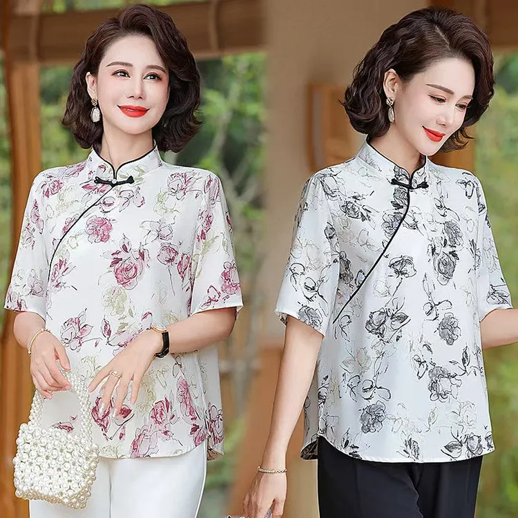 爆款新中式旗袍领雪纺妈妈衫气质漂亮舒适百搭大气贵气抗起球