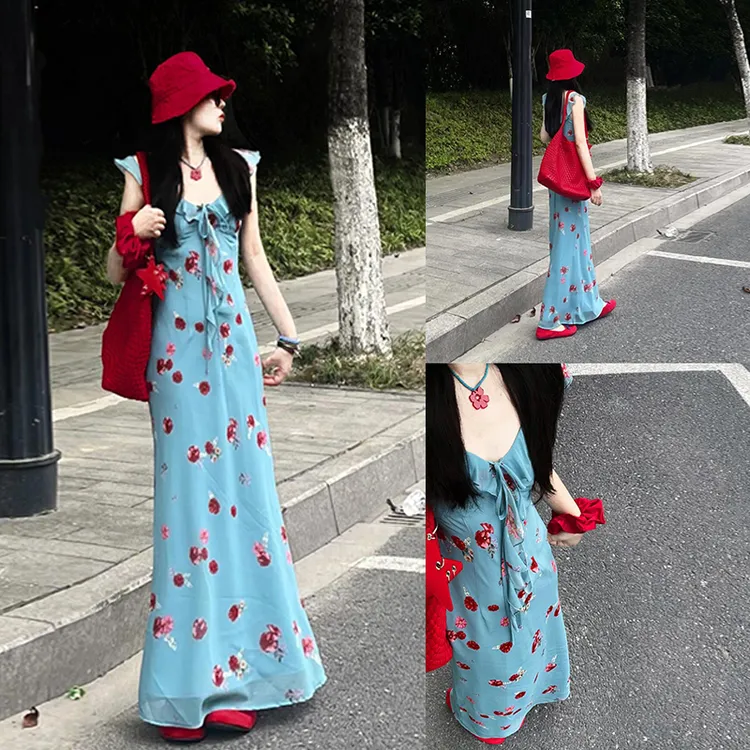 3708小飞袖吊带碎花连衣裙子女夏季今年流行独特漂亮海边度假长裙