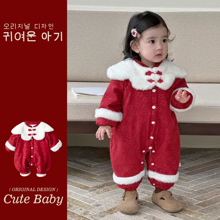 婴儿冬装中国风过年喜庆衣服夹棉加厚连衣女加厚夹棉婴儿连体衣