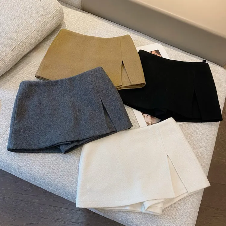 时尚设计感双层开叉毛呢短裙冬季新款小个子防走光A字半身裙